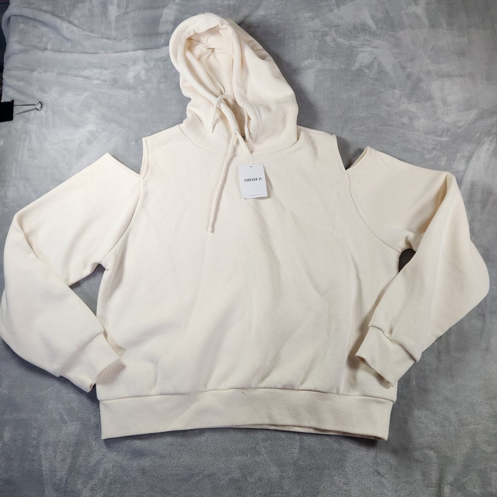 Forever 21 Cream Cozy Cold Shoulder Hoodie Women Size L NWT‎ Y2K Athleisure